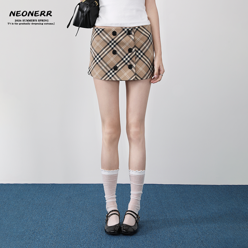 NEONERR 复古卡其色格子半身裙女2026夏小众设计感格纹包臀裙短裙