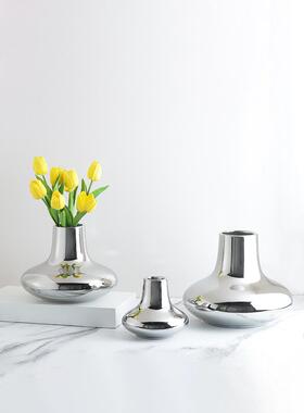 现代简约北欧轻奢银色锥形陶瓷花瓶花器摆件家居样板间软装饰品