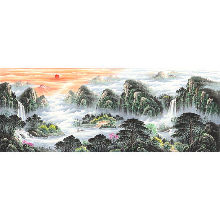 小六尺横幅 国画 精品山水【风景如画】未装裱 印刷品装饰画 T
