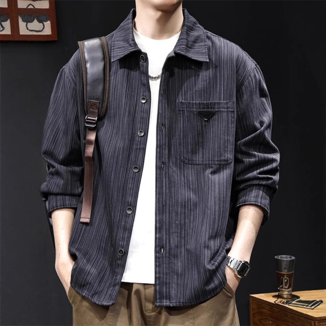 2025春夏新趋日系条纹老钱风宽松衬衫男士工装衬衣外套轻奢高级感