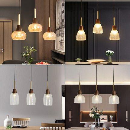 新中式餐厅吊灯胡桃木三头led饭桌灯 日式吧台床头单头玻璃吊灯