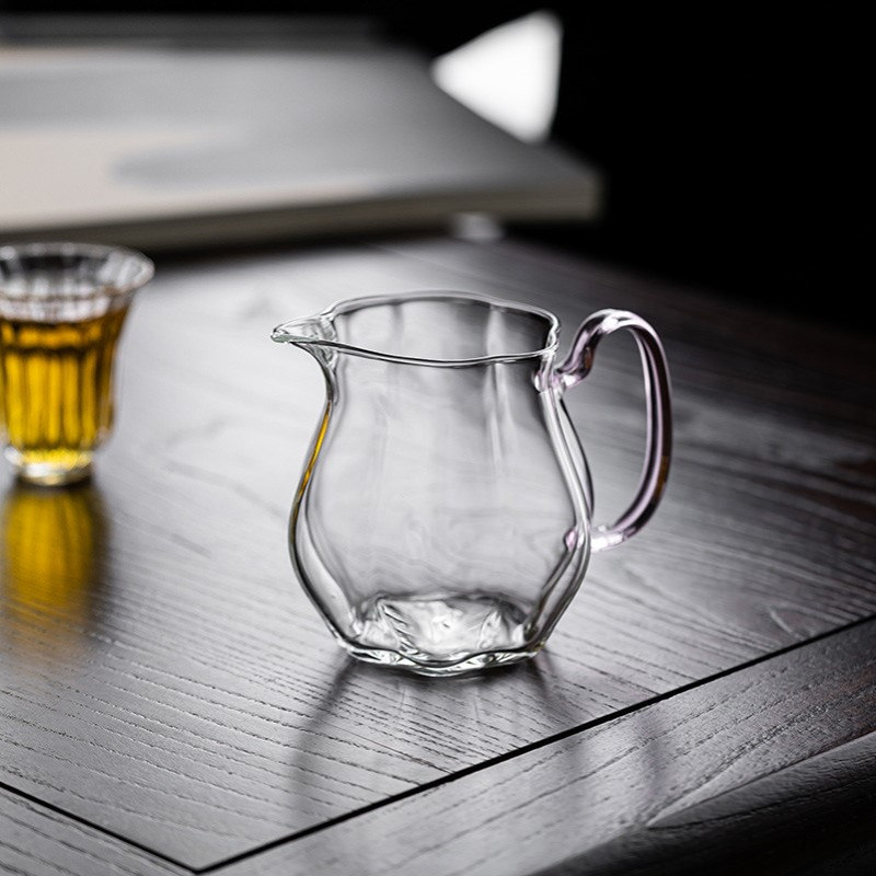 玻璃瓜棱公道杯粉色高硼硅加厚把手分茶器日式茶海单个茶具配件