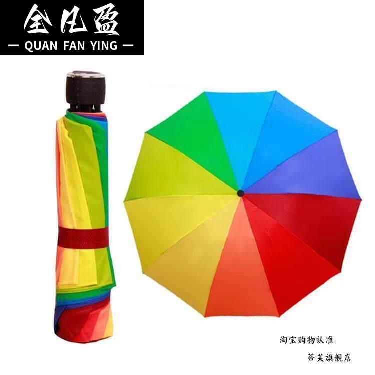 雨伞彩虹折叠晴雨伞女超大双人抗风女防晒三折8股10股格子商务伞