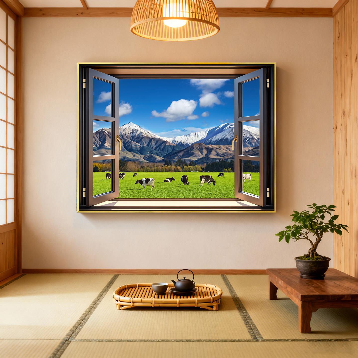 大幅无窗扩展山水风景客厅空间延伸感挂画逼真假窗户装饰画