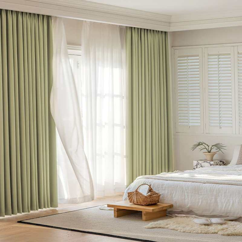 2021年新款加厚双面麻简约纯色布拼接成品窗帘全遮光卧室奢华绿色