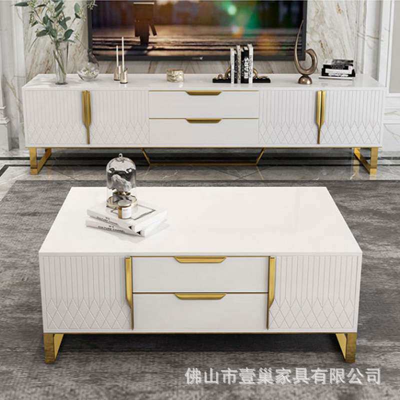 后现代简约镀金不锈钢茶几电视柜简约轻奢烤漆钢化玻璃茶几电视柜