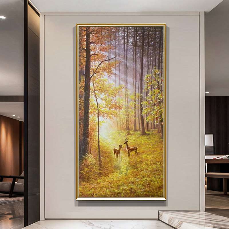 美式玄关树林风景纯手绘油画欧式走廊过道入户小鹿装饰画楼梯竖幅图片