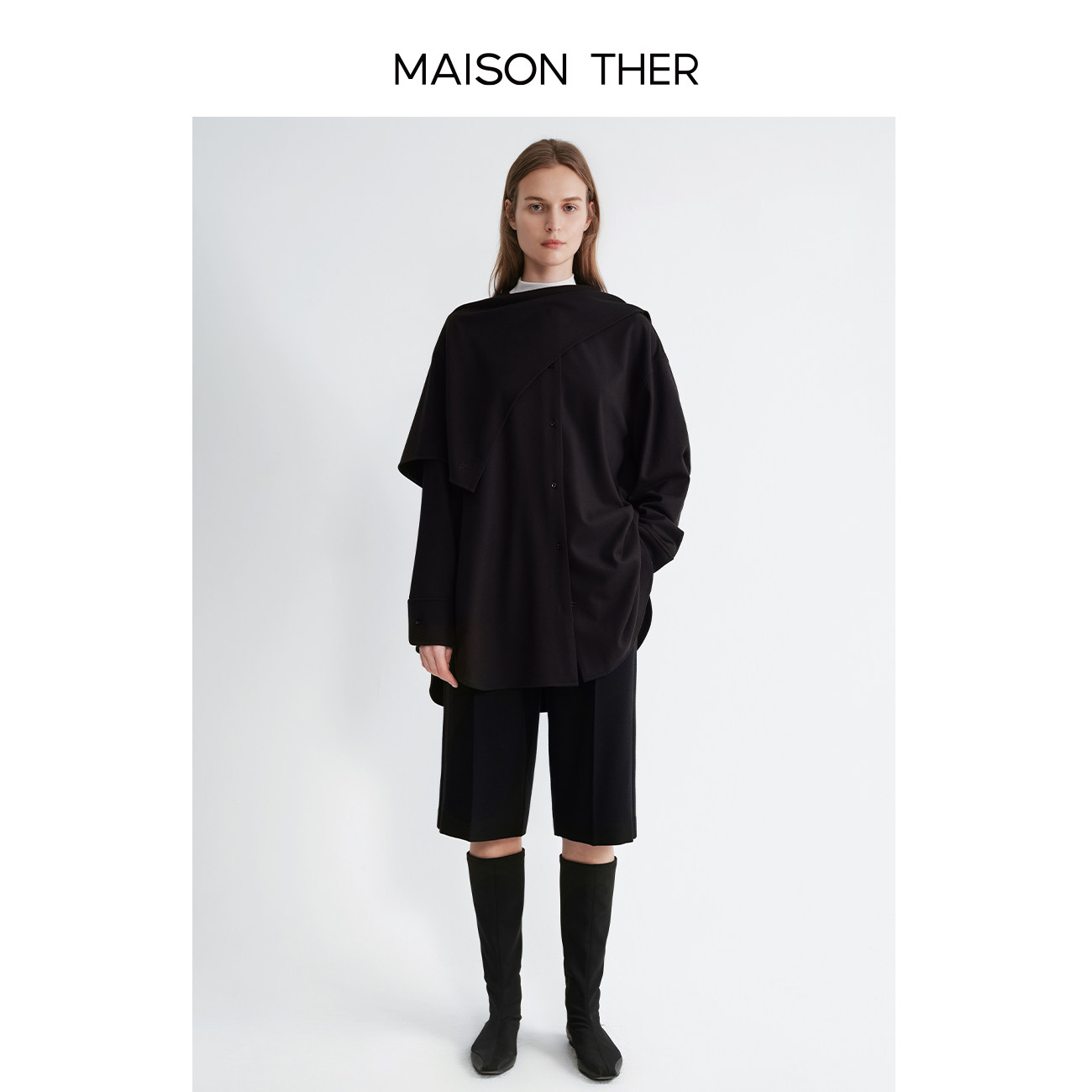 MAISON THER2025女士春季新品绒感法兰绒斗篷式衬衫随性宽松知性
