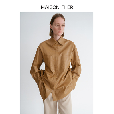 MAISON THER2025女士春季经典单品油蜡质感环保皮革廓形暗扣衬衫
