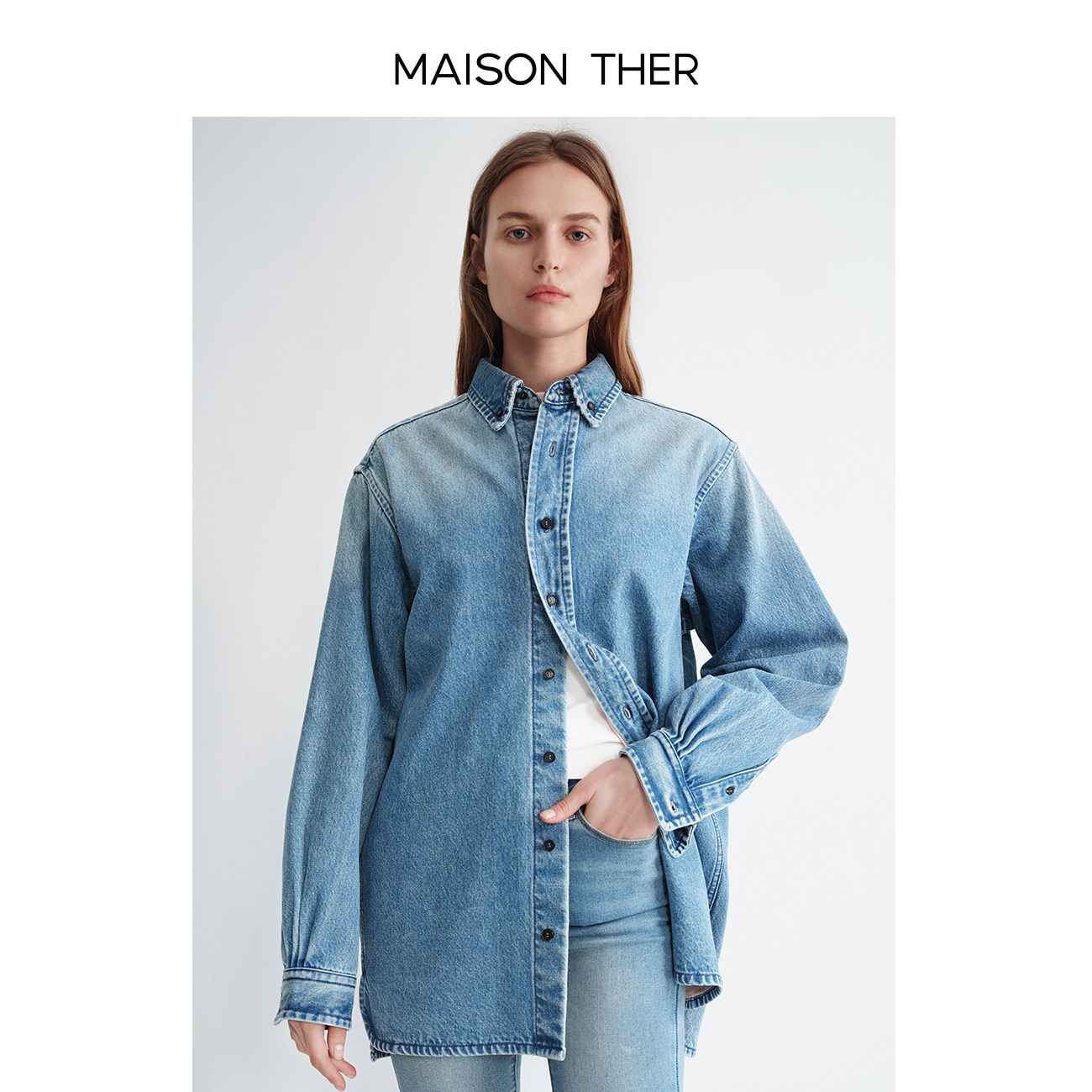 MAISON THER四季品VTG匠心微落肩牛仔衬衫缎面内衬分量感衬衫外套