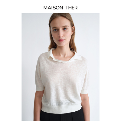 MAISON THER【智感通勤】静奢老钱风100%亚麻短袖POLO针织衫白色