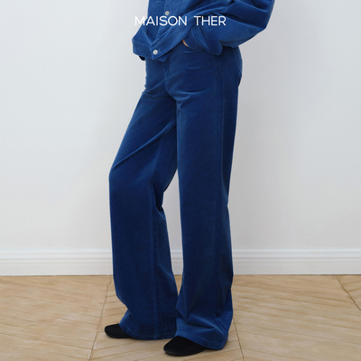 MAISON THER【25秋冬】轻度酵洗丝光棉质灯芯绒及地直筒长裤锆蓝