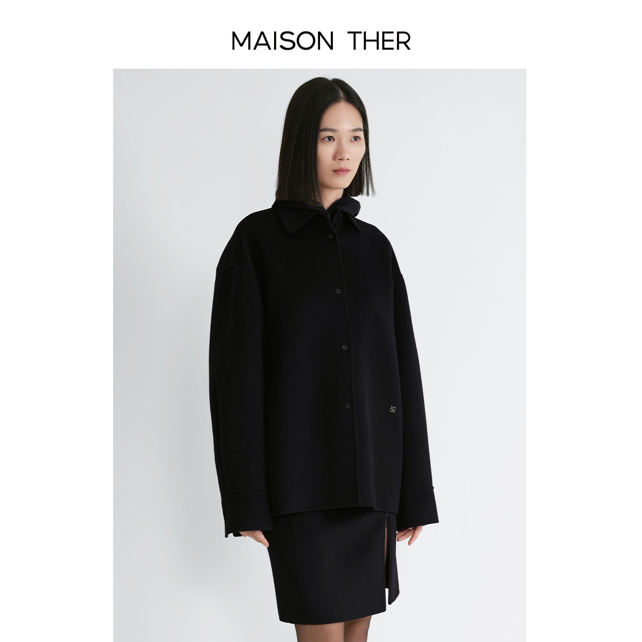 MAISON THER女士早春新品真丝羊毛双面呢衬衫式毛呢外套通勤百搭