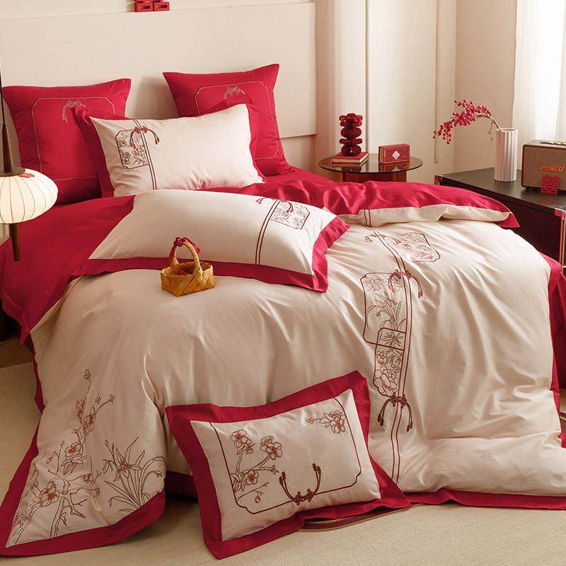 婚庆四季贡缎长绒棉四件套古典中式花卉刺绣结婚纯棉被套床上用品