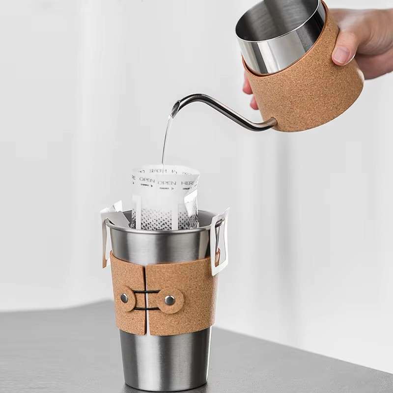 不锈钢手冲咖啡壶家用滴漏式冲泡杯手柄长嘴摩卡壶皮革隔热茶水壶