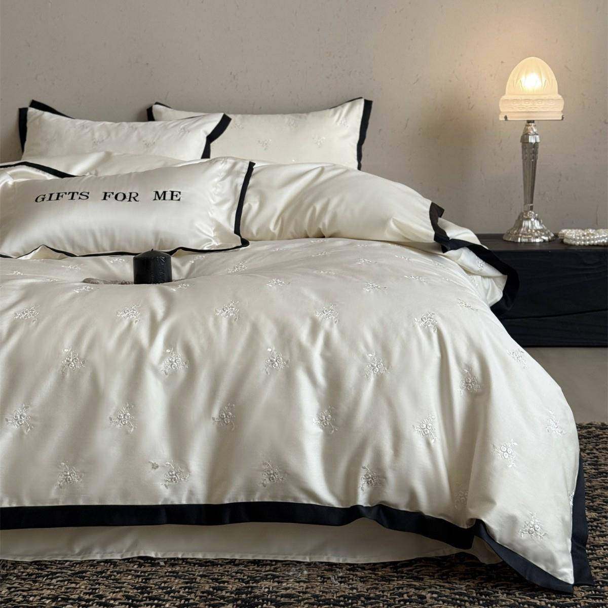 小资轻奢风满绣四季款亲肤床品极简黑白纯棉长绒棉四件套月季晨露