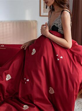 爱心刺绣结婚庆红色纯棉床品60支长绒棉四件套1.8m双人新婚套件