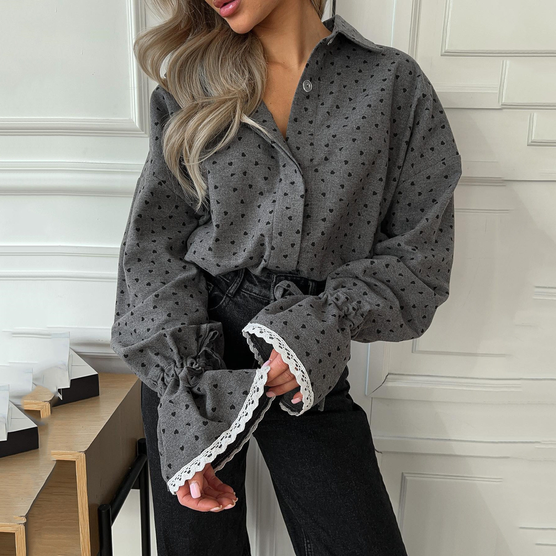 Women Shirt Lace春秋季宽松波点袖口蕾丝衬衣甜美翻领长袖衬衫
