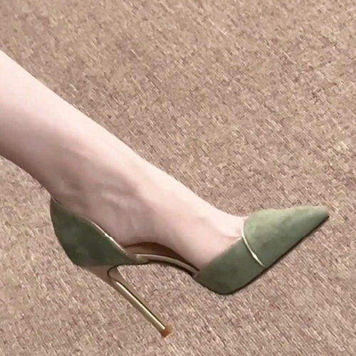 Women High Heels绿色侧空高跟鞋绒面拼接尖头细跟一脚蹬细跟单鞋