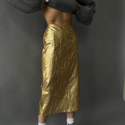 Women Skirts女装春季半身裙褶皱高腰后开叉时尚潮流百搭包臀裙