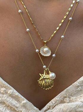 Women Choker Necklace欧美珍珠链锁骨链海星贝壳吊坠可堆叠项链