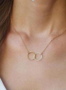 Women Necklace欧美项饰 金色双环项链 创意复古金属合金锁骨链女