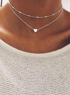 Women Necklace饰品 简约潮女 街拍项饰铜质桃心多层锁骨颈链项链