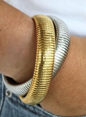 Bracelet金色弹力不锈钢蛇骨宽手镯女欧美夸张银色手环手圈镯子