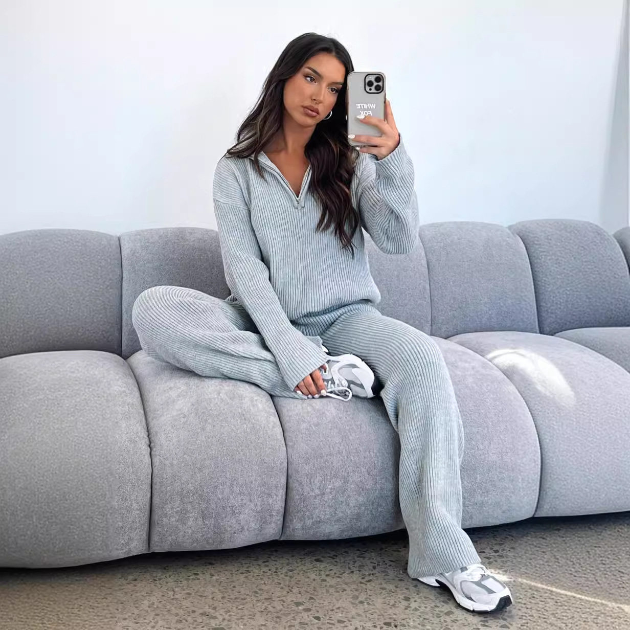 Women Knitted Outfit欧美秋冬休闲舒适翻领长袖毛衣针织两件套装