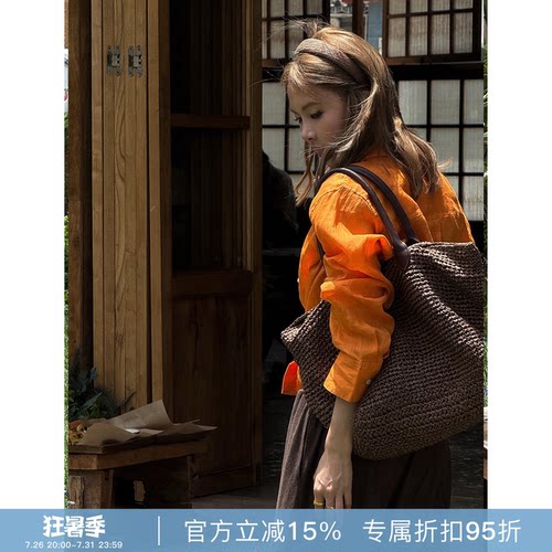 RHER STUDIO“亚麻橙调”春夏新款老钱风慵懒显瘦长袖防晒衬衫C07