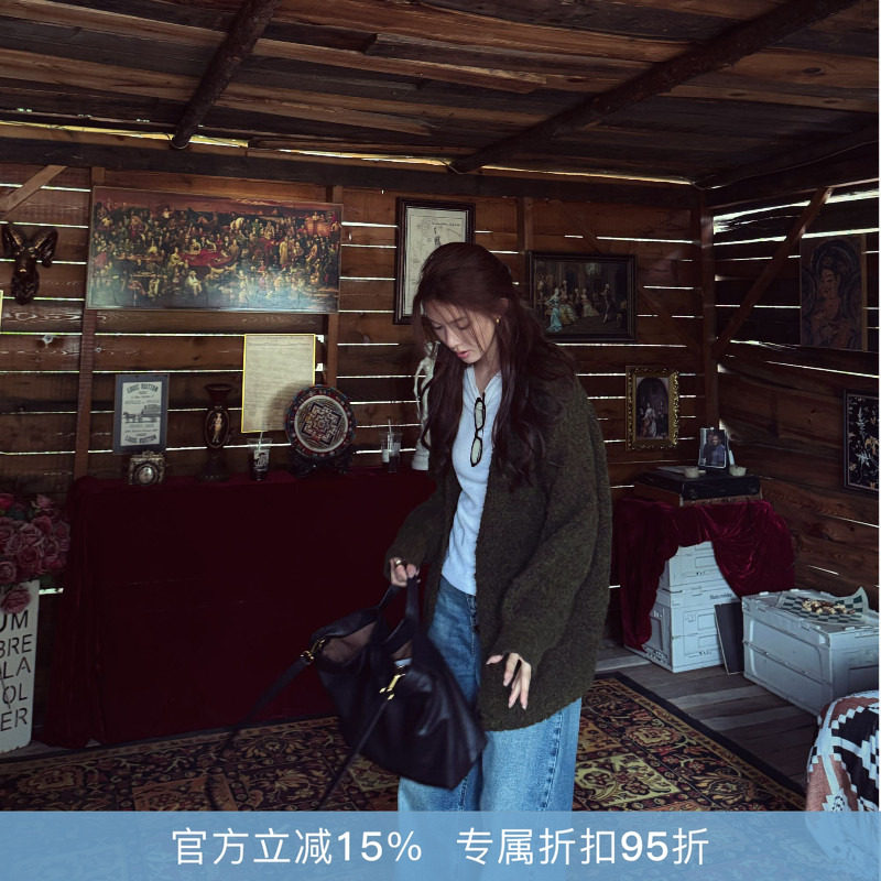 R-HER【墨绿开衫】加厚休闲v领休闲针织毛衣开衫外套RC25101419