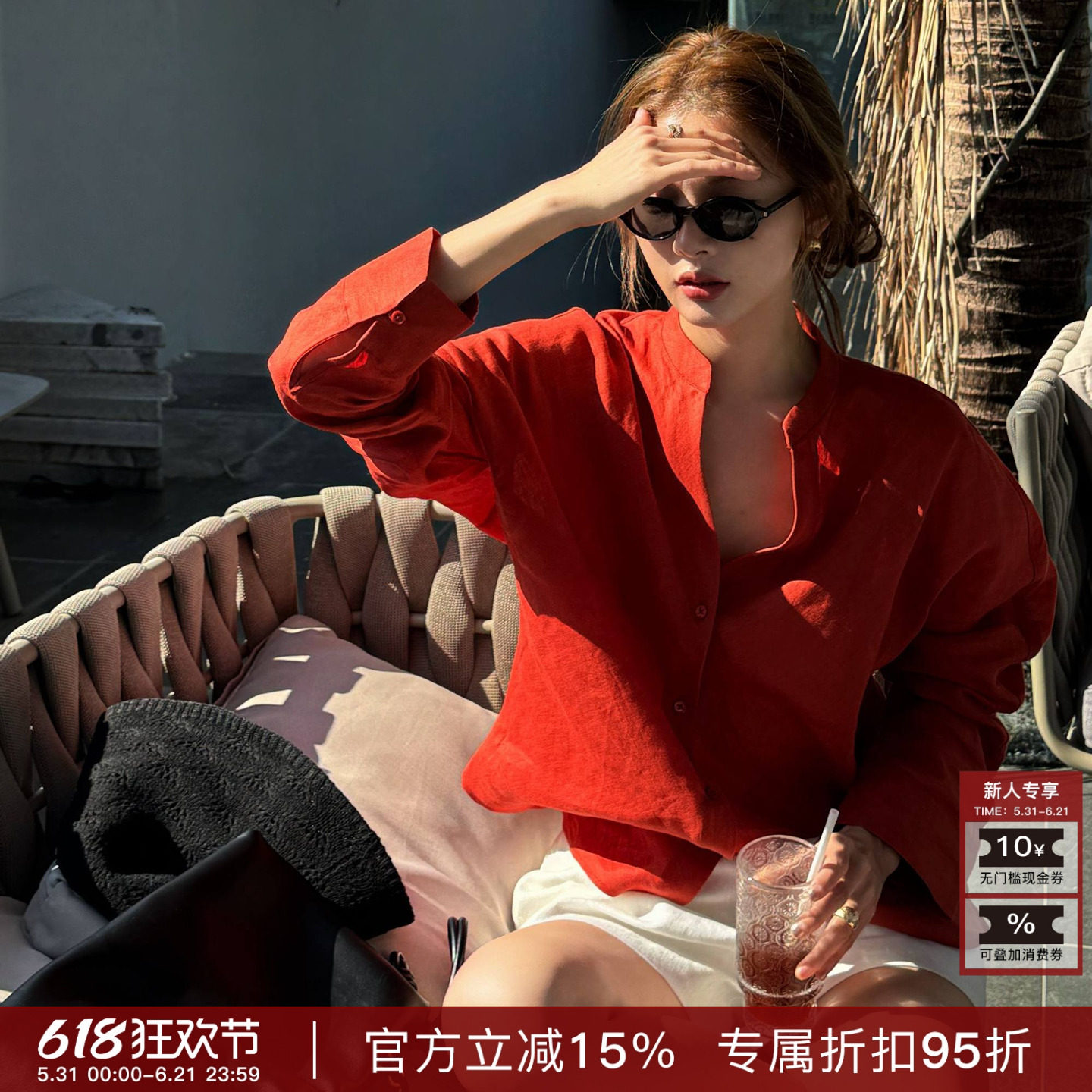 亚麻薄款立领拼色长袖打底衫