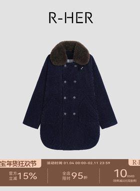 R-HER“蓝莓慕斯”厚款藏青山羊绒拼毛绒领双排扣毛呢外套RW5NC26