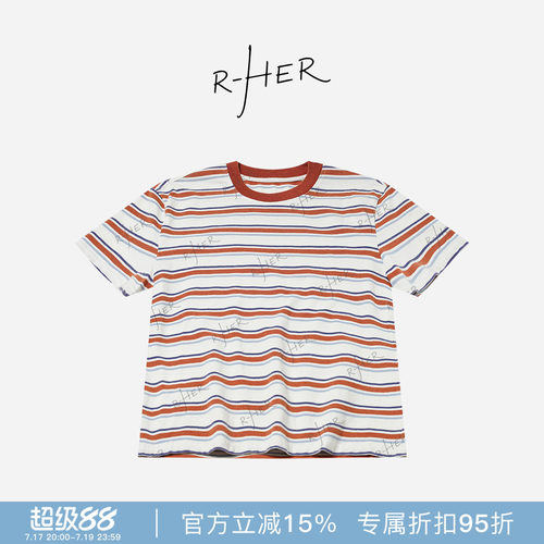 RHER STUDIO“复古条纹”夏季新款100棉四色条纹圆领百搭短袖T605