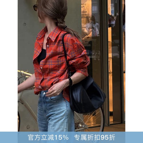 RHER STUDIO 复古洗水100色织棉对格工艺美式宽松长袖衬衫CS004