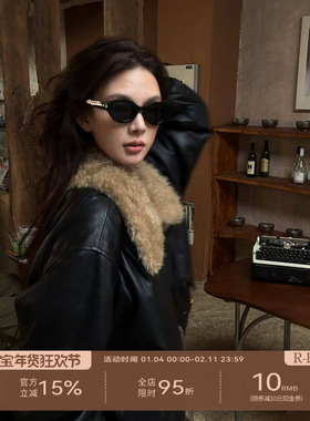 R-HER【牛皮夹克】于Moli 巴恩风头层牛皮蚕丝高级感短款皮毛外套