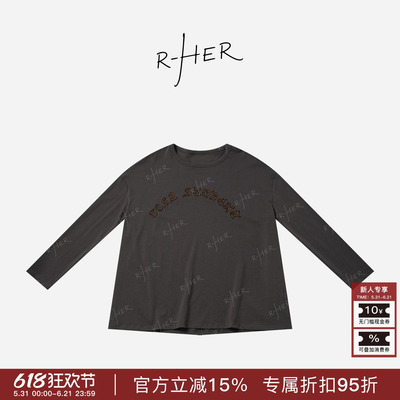 RHER STUDIO“雾灰美式短袖”复古宽松圆领字母贴布绣长袖上衣T02