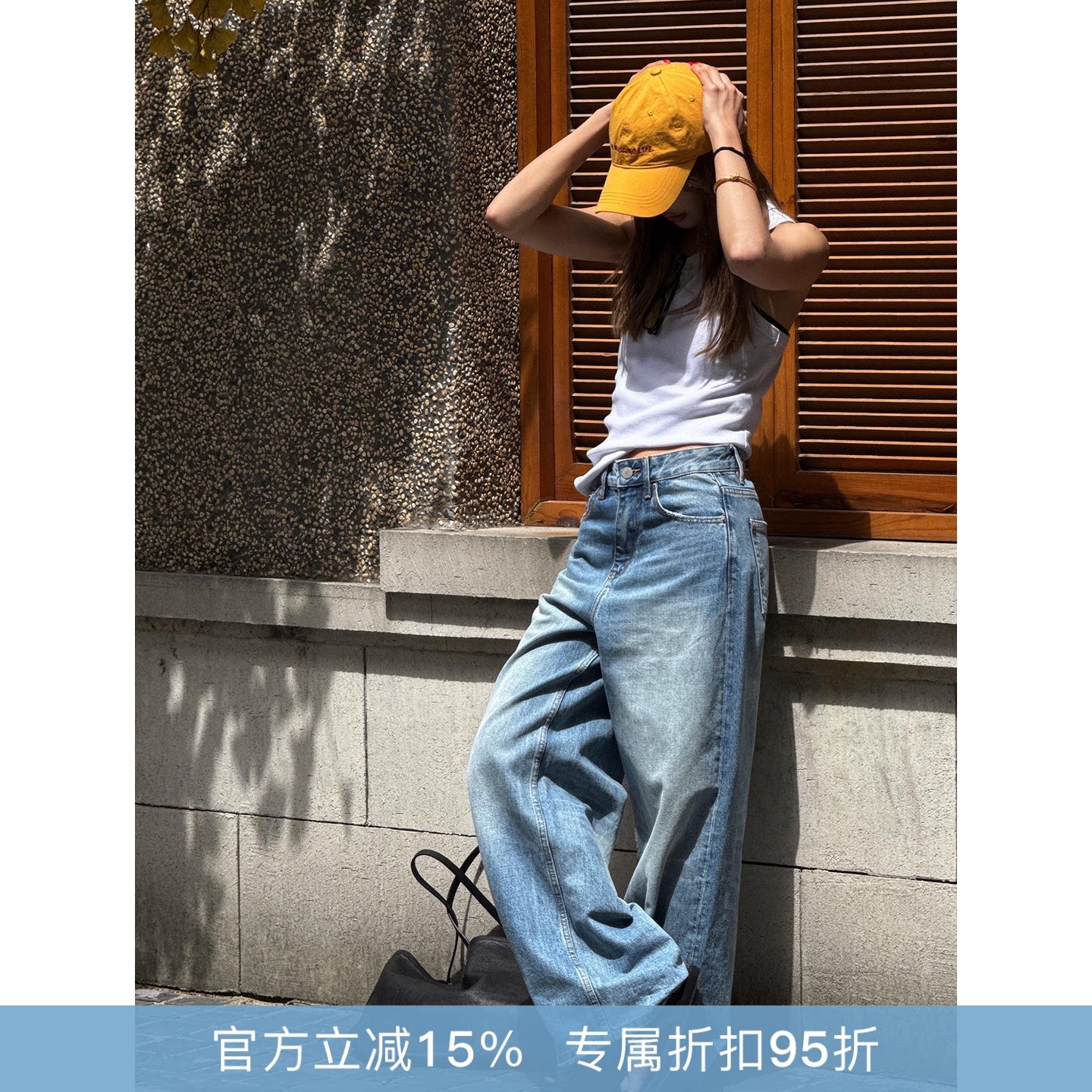 RHER STUDIO“纯棉蓝牛”夏季复古高腰显瘦做旧阔腿牛仔裤K0109