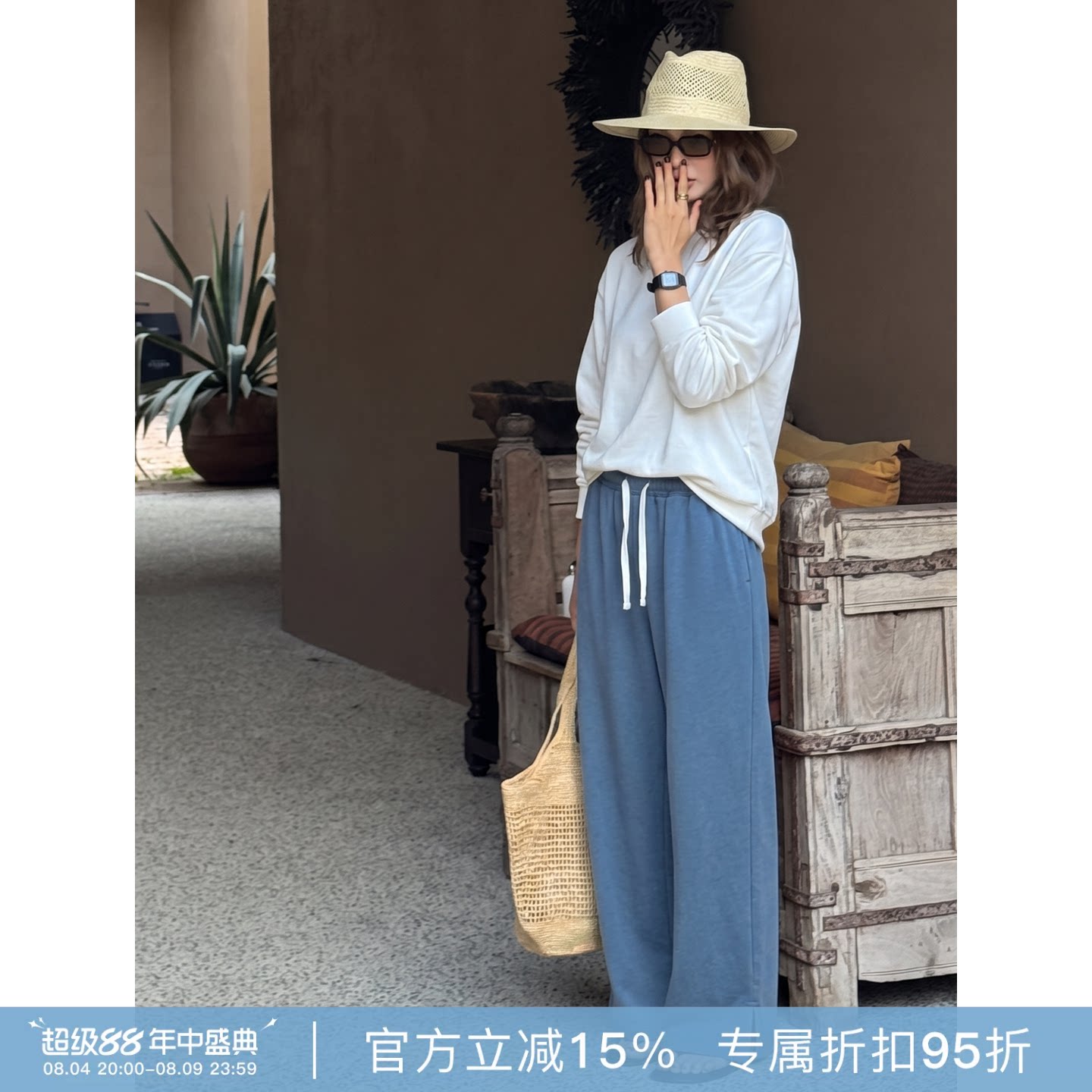 RHER STUDIO“抽绳开叉”100棉夏季轻盈不易皱直筒阔腿休闲裤KT30
