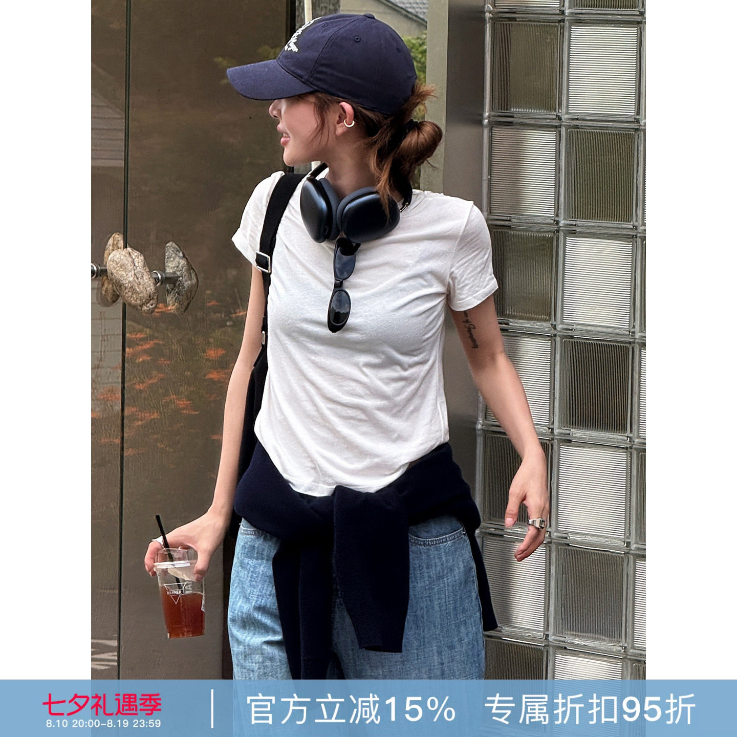 RHER STUDIO 棉+汉麻圆领短袖T恤女显瘦凉快清爽正肩修身T0004