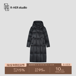 R-HER“黑标”轻奢风95白鹅绒韩版加厚保暖珠光缎面长款羽绒服Y78