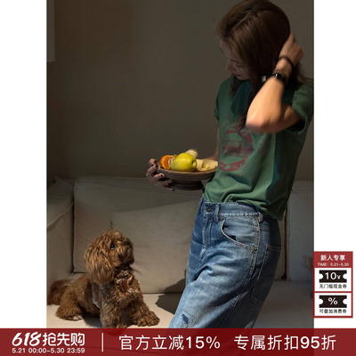 RHER STUDIO“森绿棉T”夏季新款美式复古印花显瘦百搭短袖TT2QT