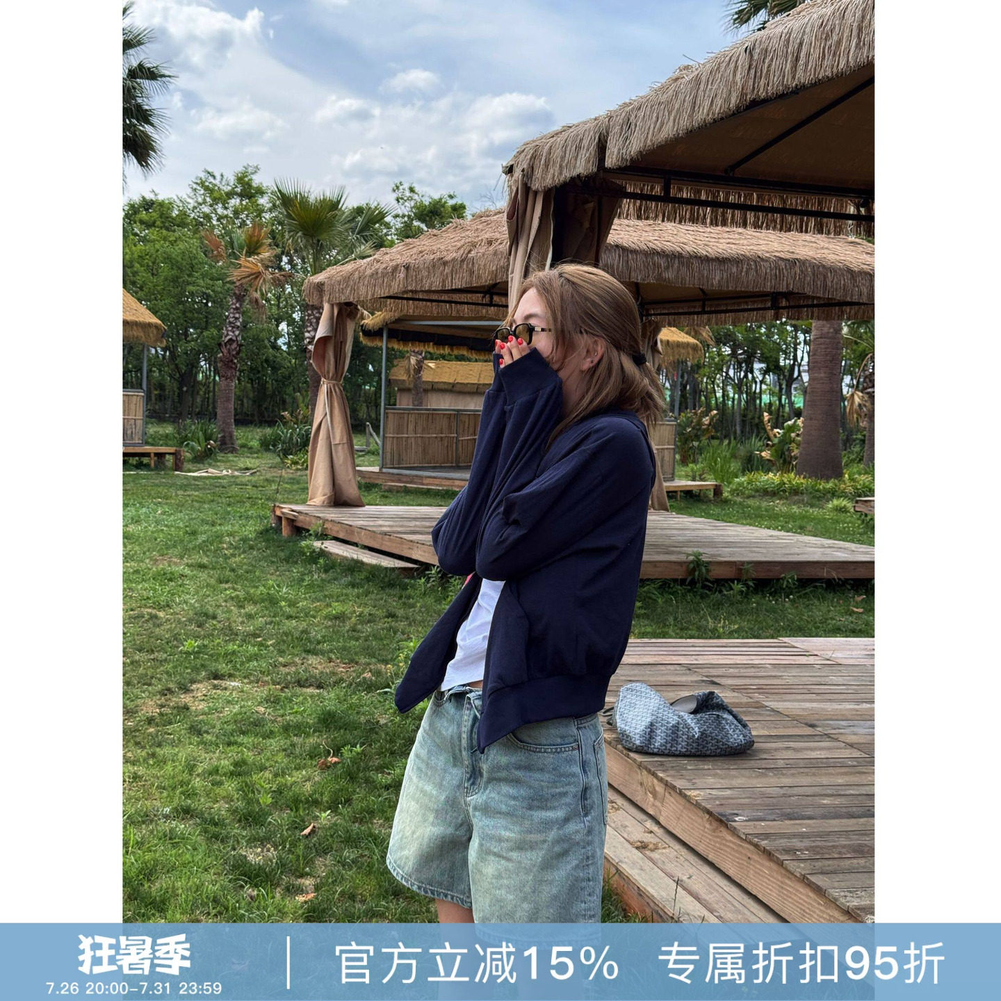 RHER STUDIO“纯棉帽衫”夏季宽松百搭连帽拉链短款卫衣外套W0247
