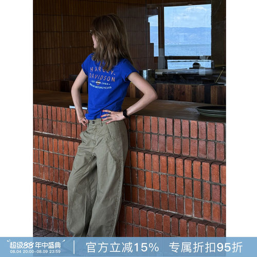 RHER STUDIO“复古宝蓝T”夏季美式街头印花短袖T恤百搭显瘦T0003