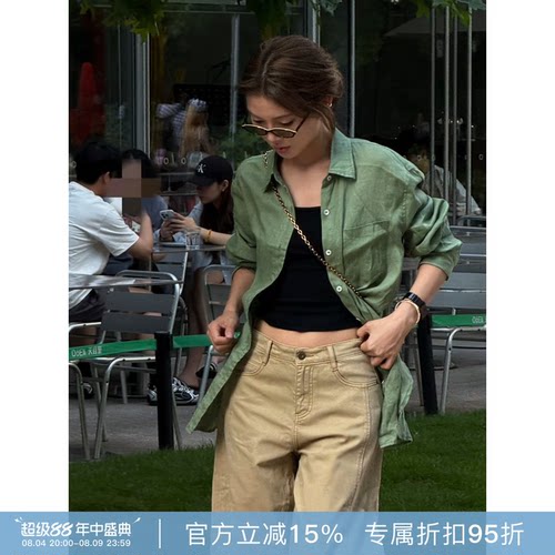 RHER STUDIO“牛油果绿衬衫”春夏慵懒宽松显瘦老钱风亚麻衬衫C26