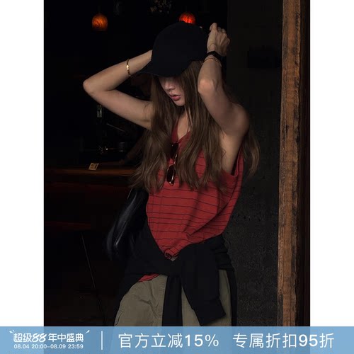 RHER STUDIO“美式条纹”100纯棉红色背心宽松运动坎肩D620B