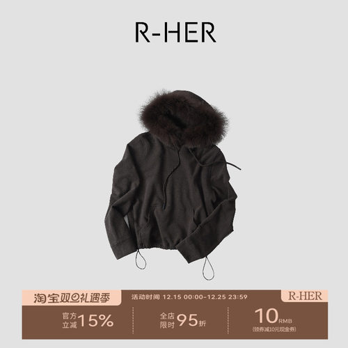 R-HER“回归主义”于Moli 休闲套头毛领百搭显瘦连帽抽绳开衫卫衣
