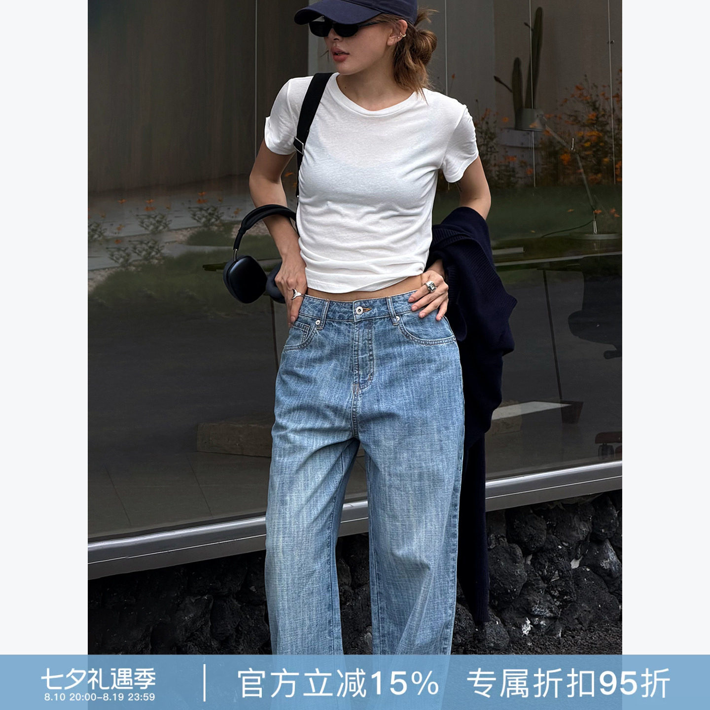 RHER STUDIO"闲暇"夏季复古水洗蓝显瘦直筒裤阔腿牛仔裤长裤K5182