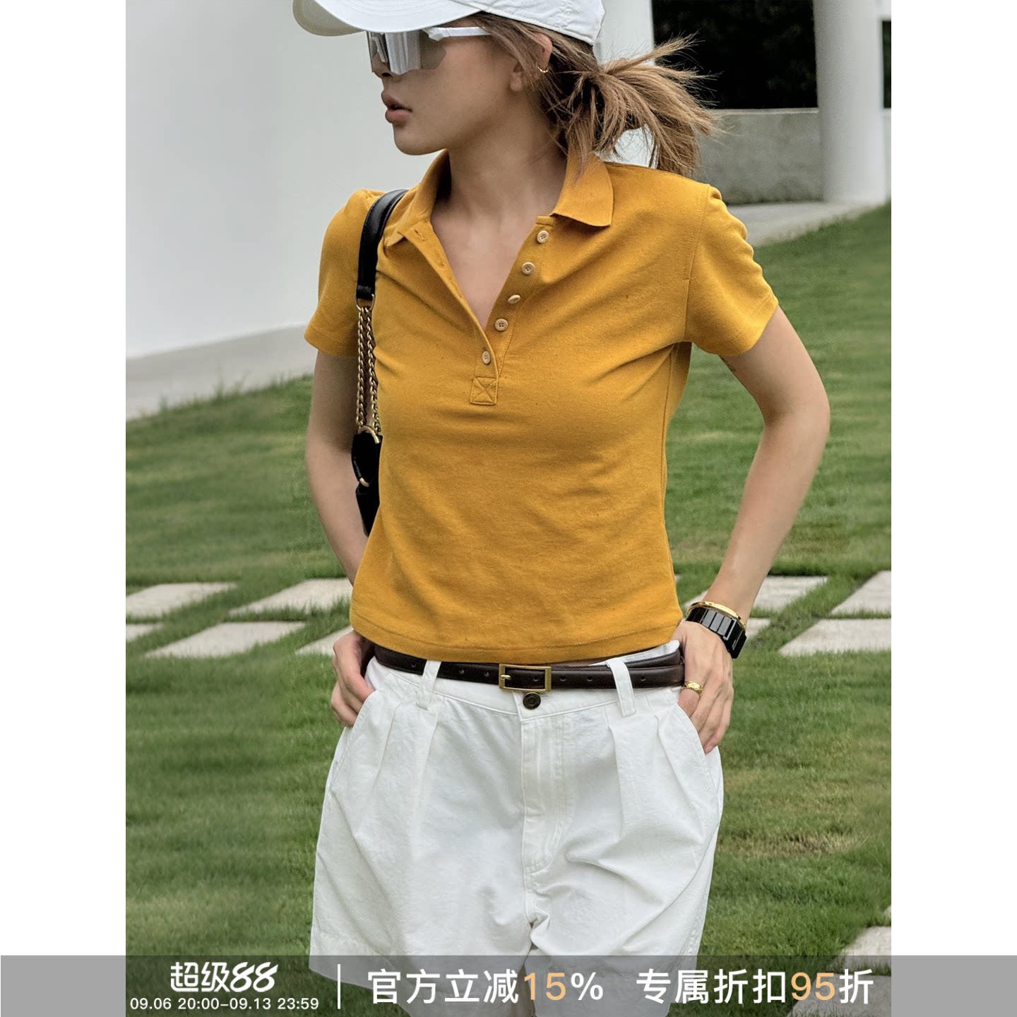 夏季姜黄小翻领排扣显瘦短袖上衣
