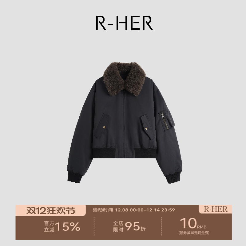 R-HER“老钱新贵”山羊绒翻领时尚短款加厚派克服RW5NC6679